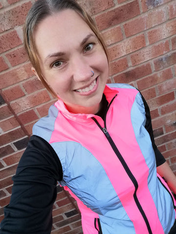 BTR Ladies hi viz gilet / vest shown worn in pink by a customer