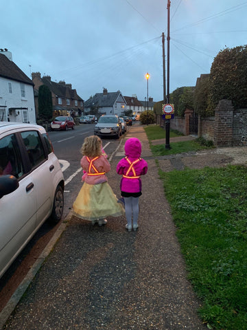 School disco! Party time - young ladies wearing the BTR high vis and reflective kids sash