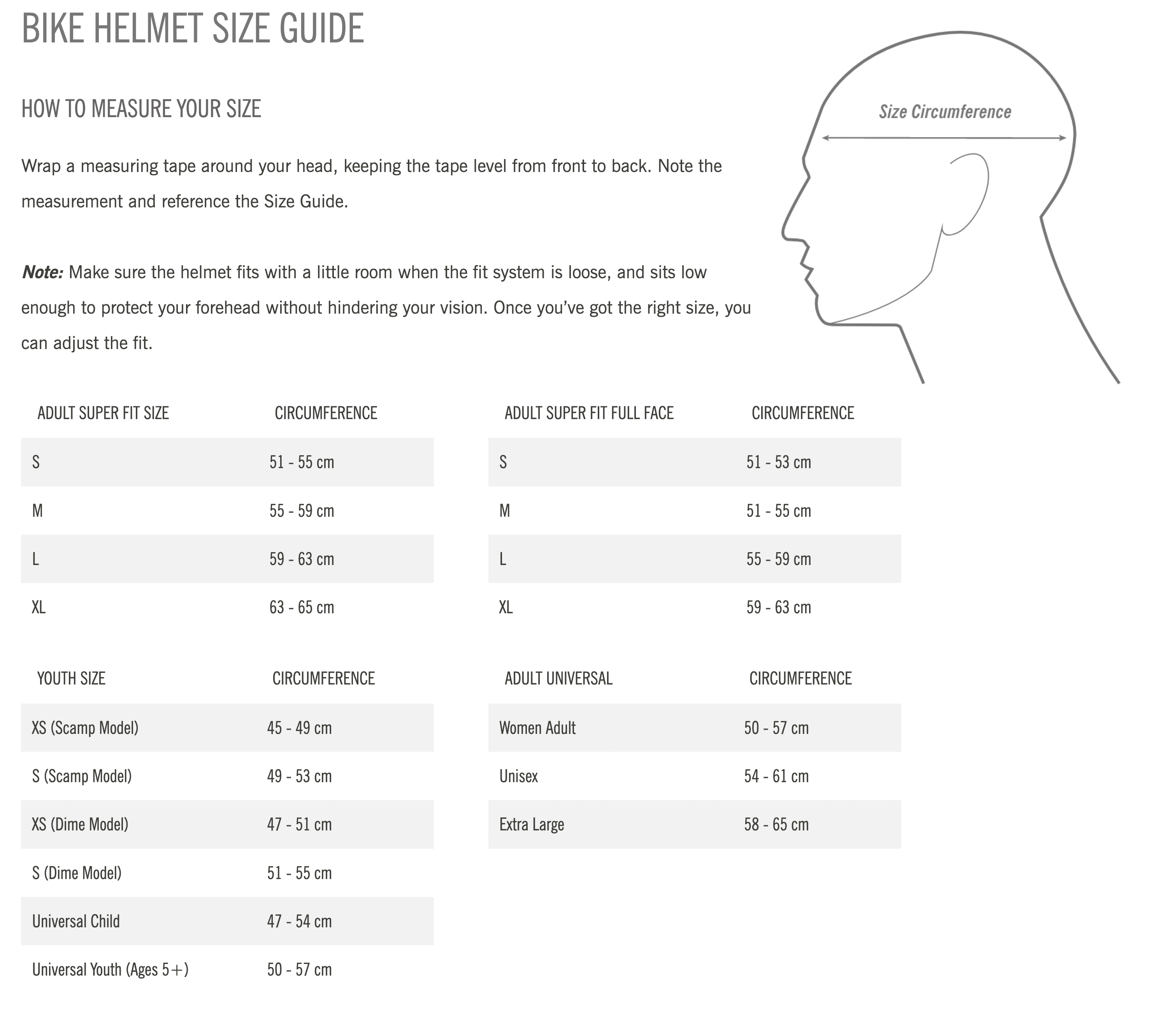 Sizing Guide - please contact Ride guides for assistance