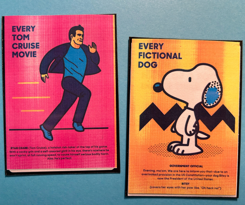 Early prototype cards for the game Everything Ever. Every Tom Cruise Movie and Every Fictional Dog