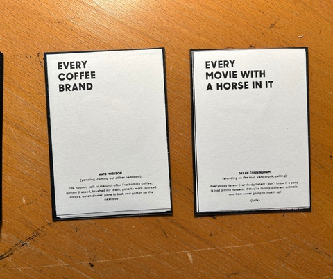 Prototype cards for the game Everything Ever, Every Coffee Brand &  Every Movie With A Horse In It