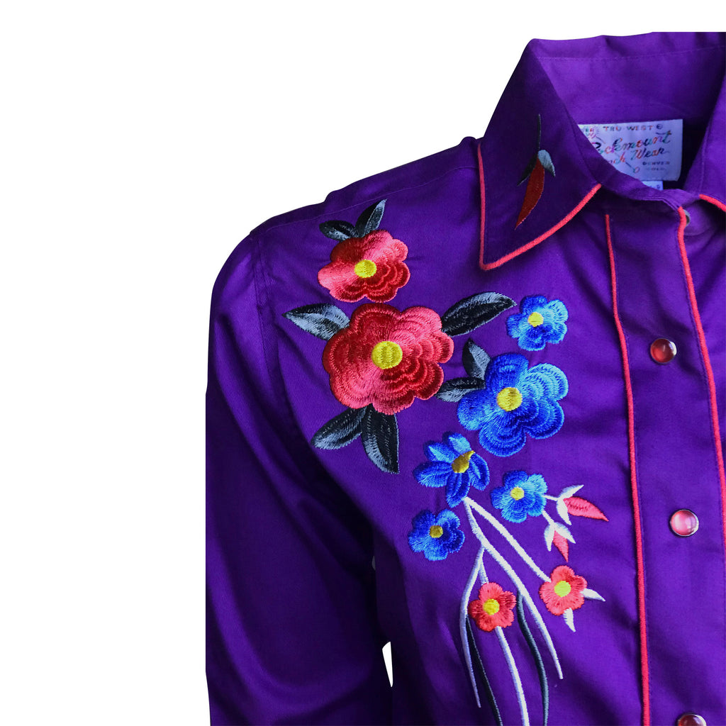 Women's Vintage Floral Bouquet Embroidered Western Shirt in Purple ...