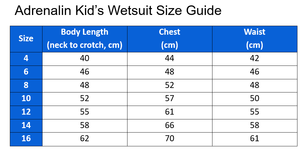 Adrenalin Kid Wetsuit Size gUide
