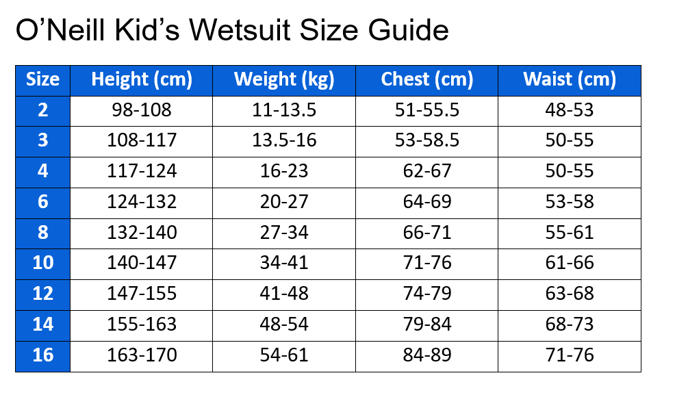 Kid O'Neill Wetsuit Size Guide