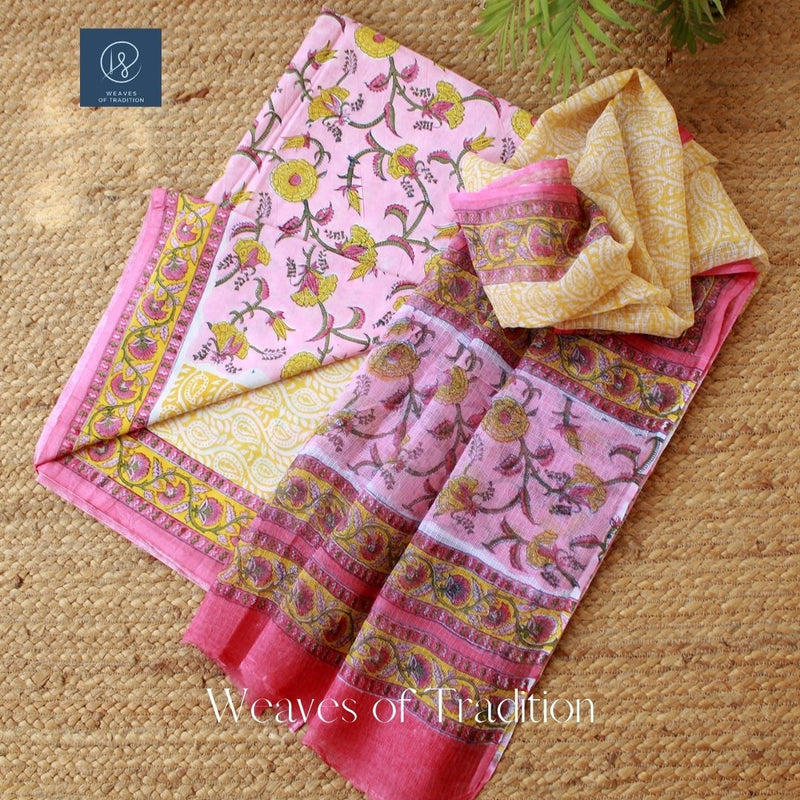 Pink Sanganeri Hand Block Printed Unstitched Cotton Dress Material With Kota Doria Dupatta