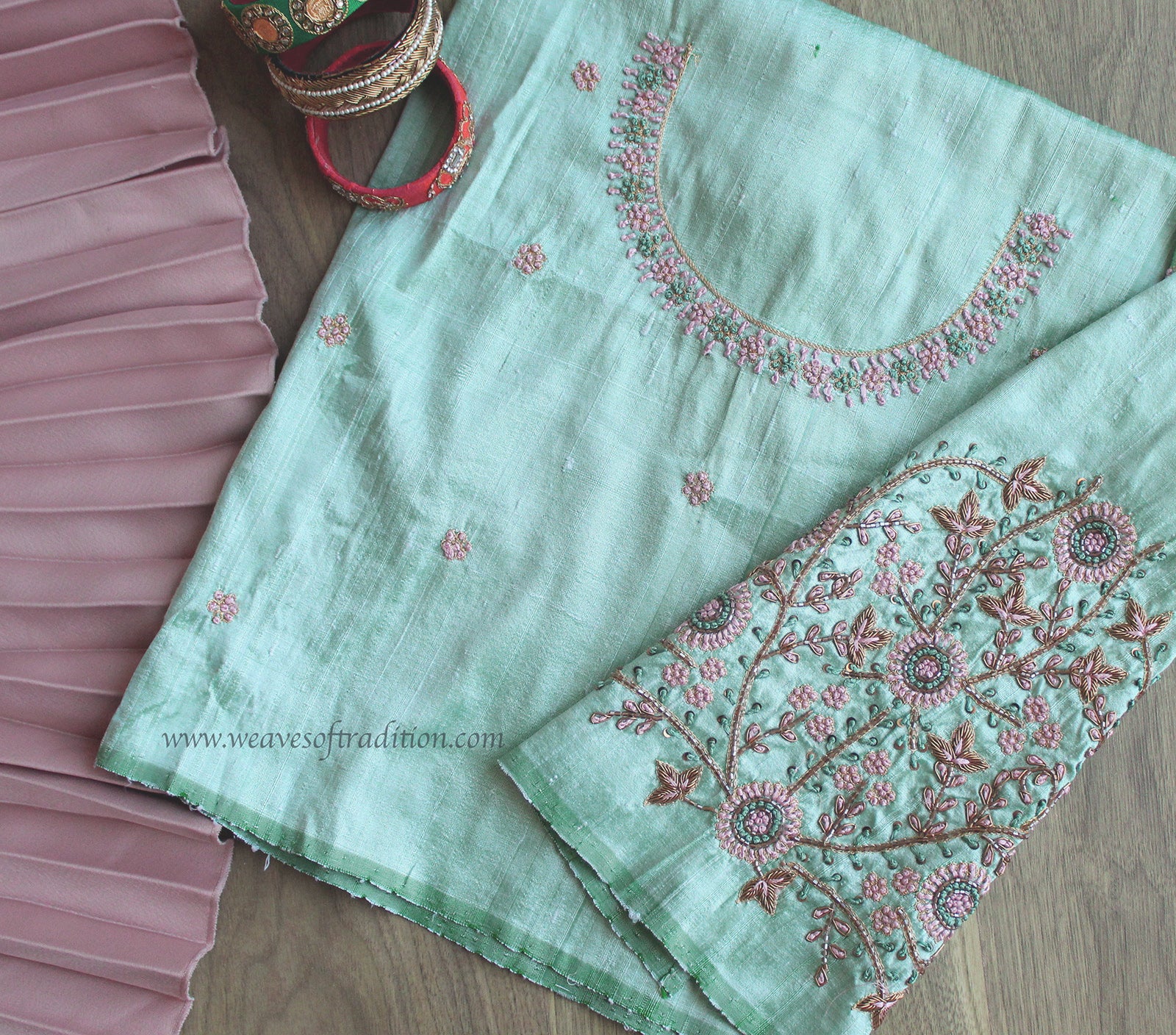 Sea Green Hand Embroidered Raw Silk Blouse Piece – Weaves of Tradition