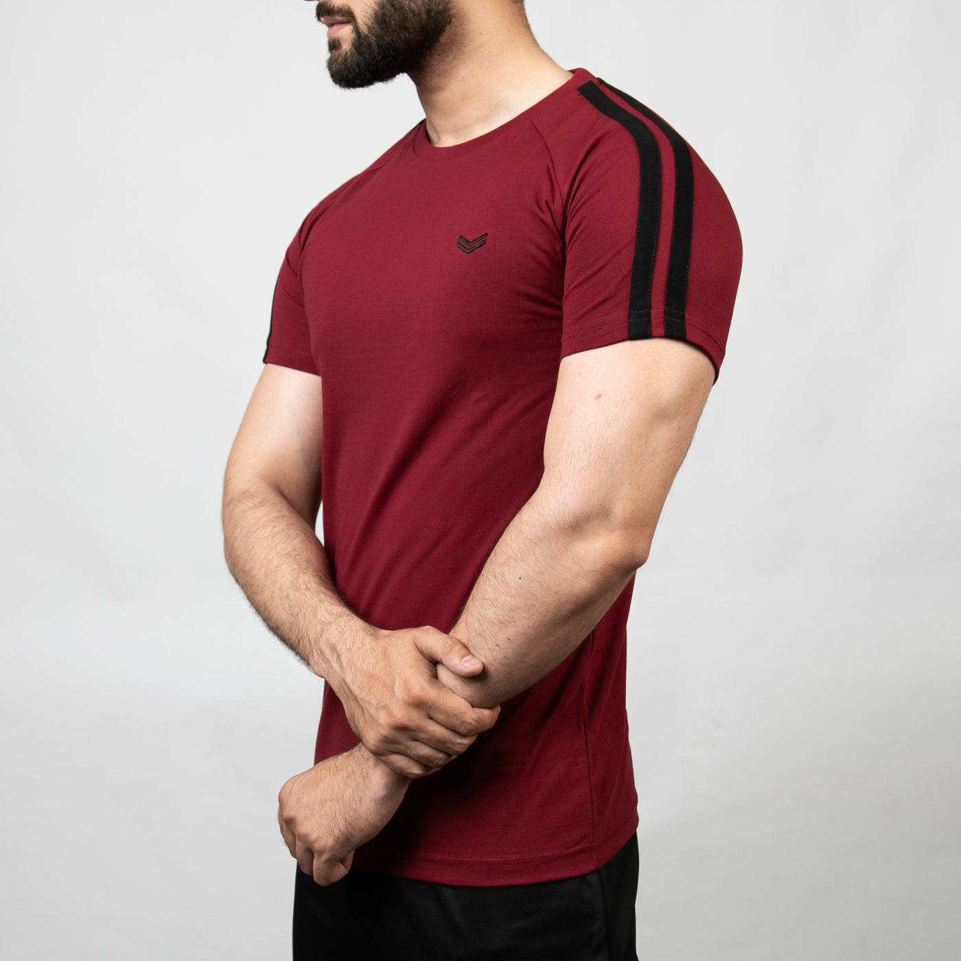 Maroon T-Shirt with Black Shoulder Stripes