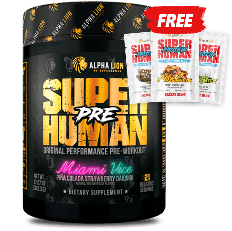 SUPERHUMAN PRE - Normal Caffeine / MIAMI VICE (Piña Colada Strawberry Daiquiri) / 1 Bottle + Free Protein