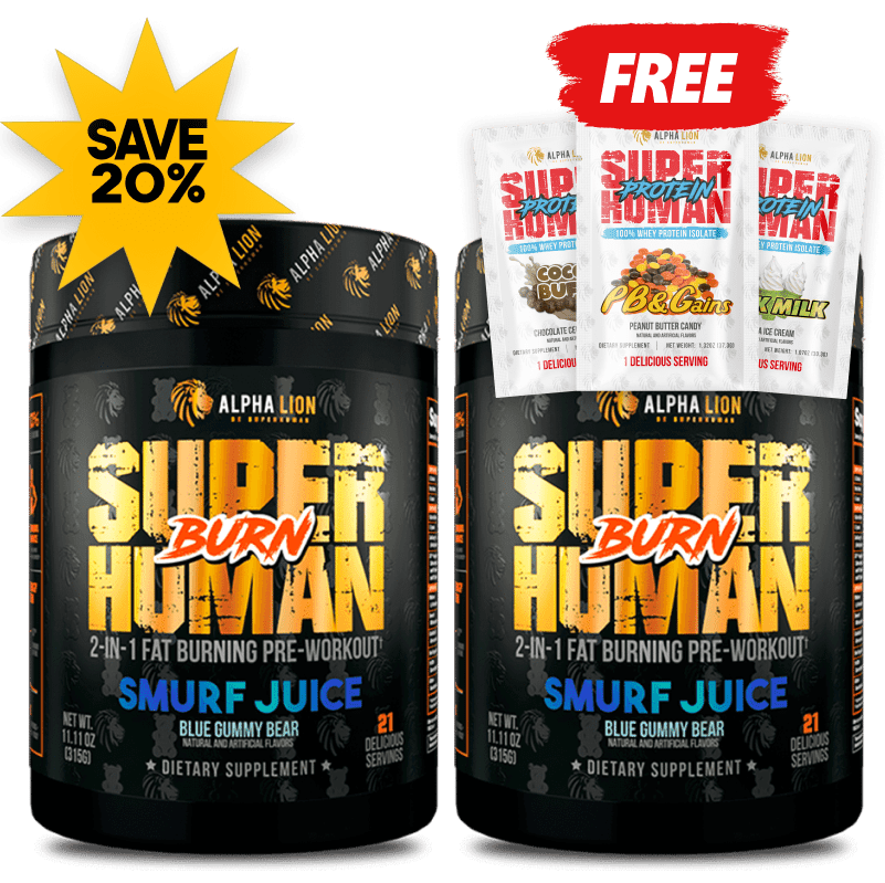 SUPERHUMAN BURN - 2 in 1 Fat Burning Pre Workout / SMURF JUICE (Blue Gummy Bear) / 2 Bottles + Free Protein (Save 20%)