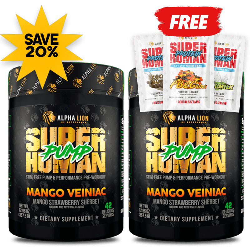 SUPERHUMAN PUMP - No Caffeine / MANGO VEINIAC (Mango Strawberry Sherbet) / 2 Bottles + Free Protein (Save 20%)