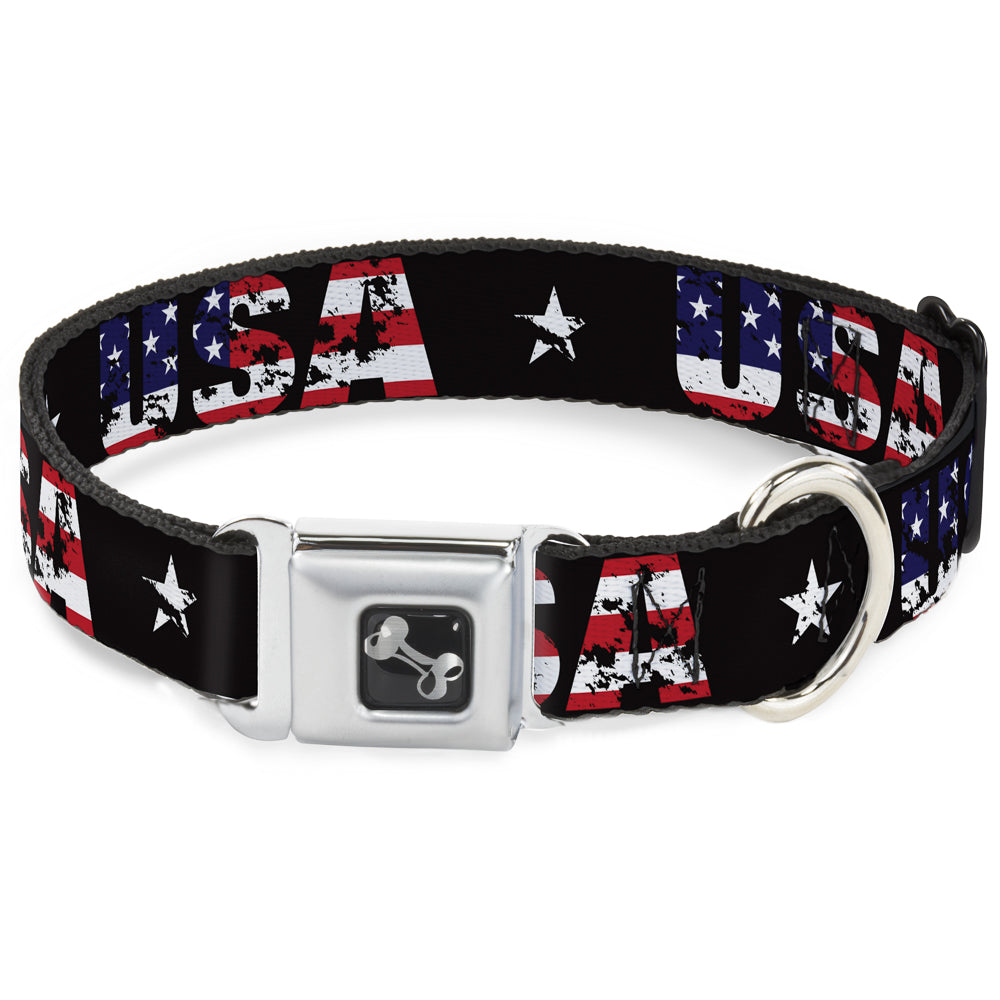 Image of Dog Bone Seatbelt Buckle Collar - USA w/Star Black/US Flags