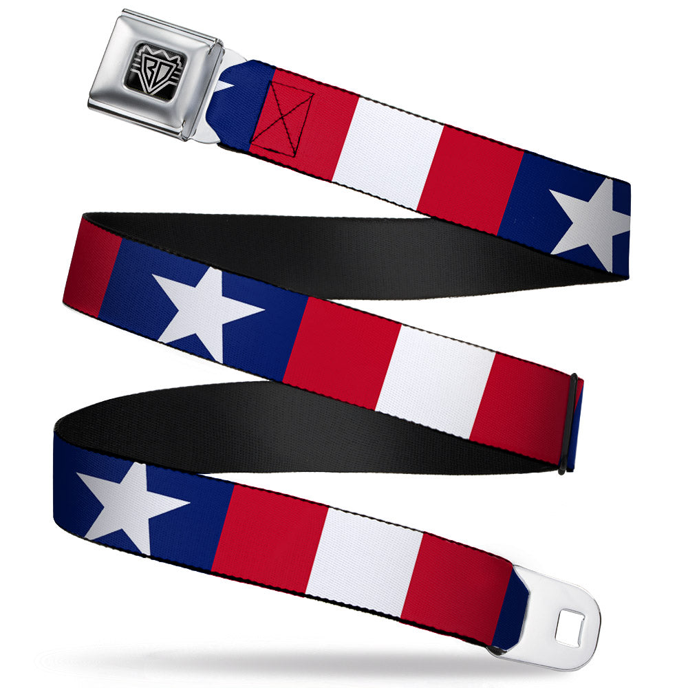 Image of BD Wings Logo CLOSE-UP Full Color Black Silver Seatbelt Belt - Stars & Stripes Ribbon Red/Blue/White Webbing