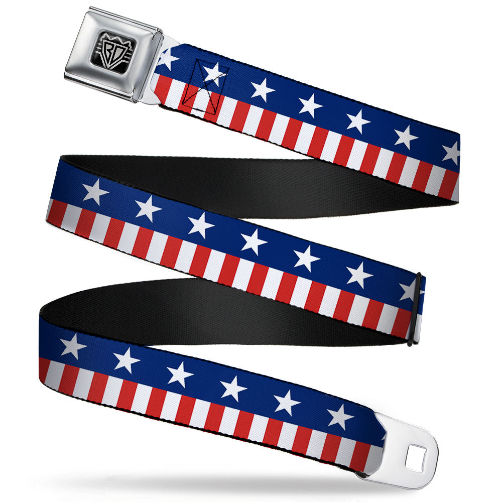 Image of BD Wings Logo CLOSE-UP Full Color Black Silver Seatbelt Belt - Americana Stars & Stripes2 Blue/White/Red/White Webbing