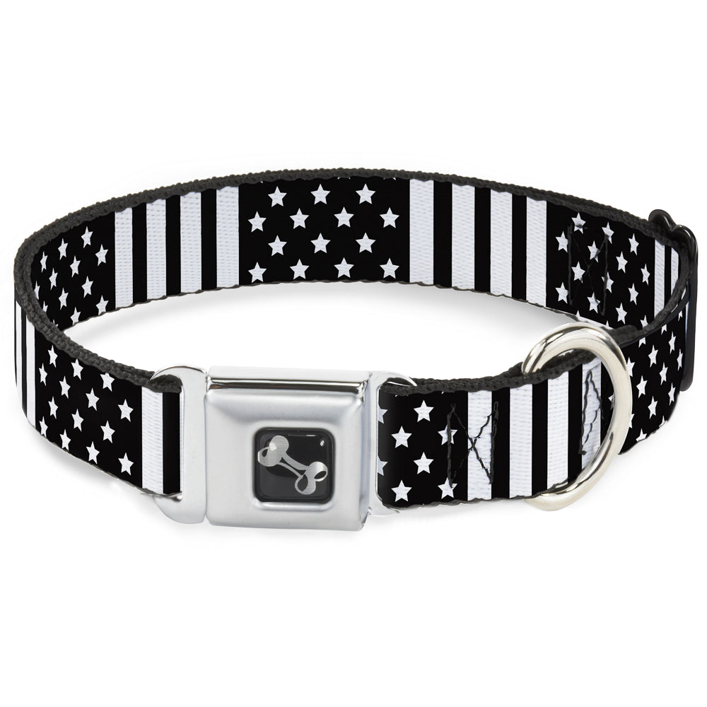 Image of Dog Bone Seatbelt Buckle Collar - American Flag CLOSE-UP Black/White