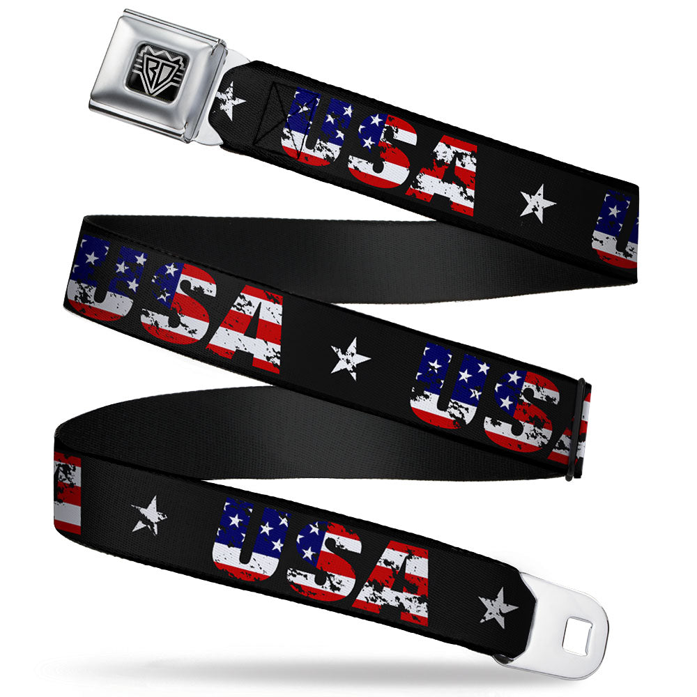 Image of BD Wings Logo CLOSE-UP Full Color Black Silver Seatbelt Belt - USA w/Star Black/US Flags Webbing