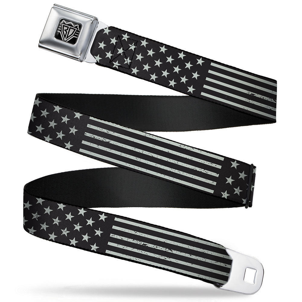 Image of BD Wings Logo CLOSE-UP Full Color Black Silver Seatbelt Belt - Americana Stars & Stripes2 Weathered Black/Gray Webbing