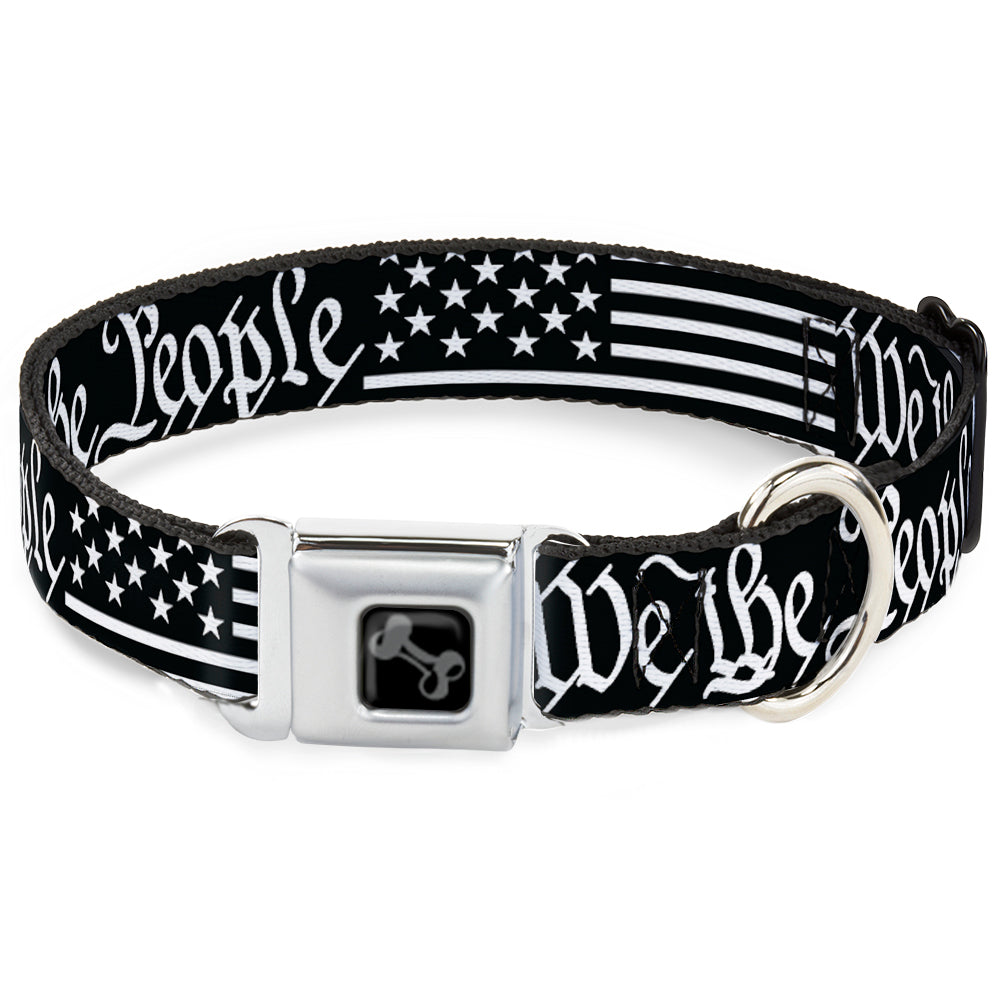 Image of Dog Bone Black/Silver Seatbelt Buckle Collar - Americana Flag/WE THE PEOPLE Black/White