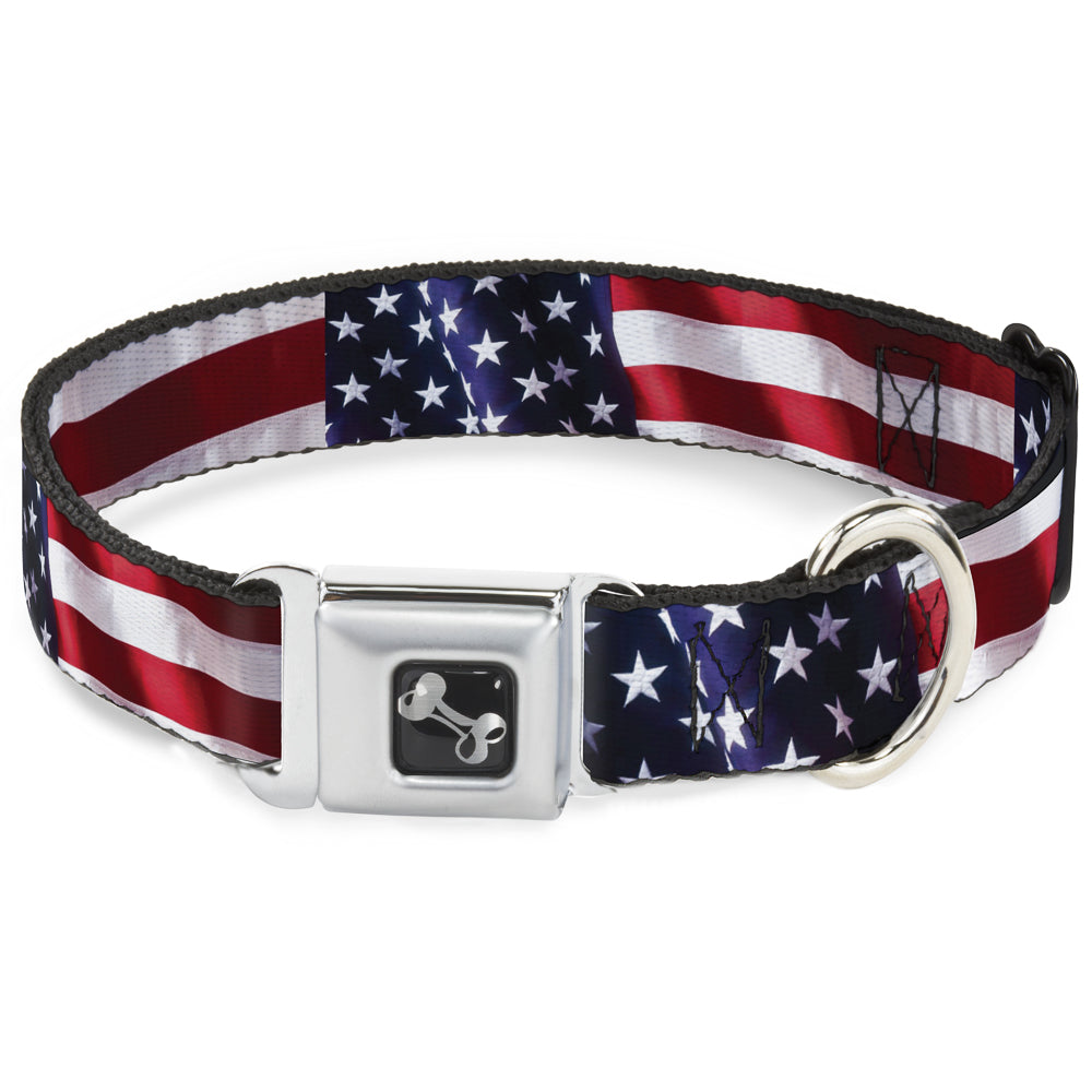 Image of Dog Bone Seatbelt Buckle Collar - American Flag Vivid CLOSE-UP