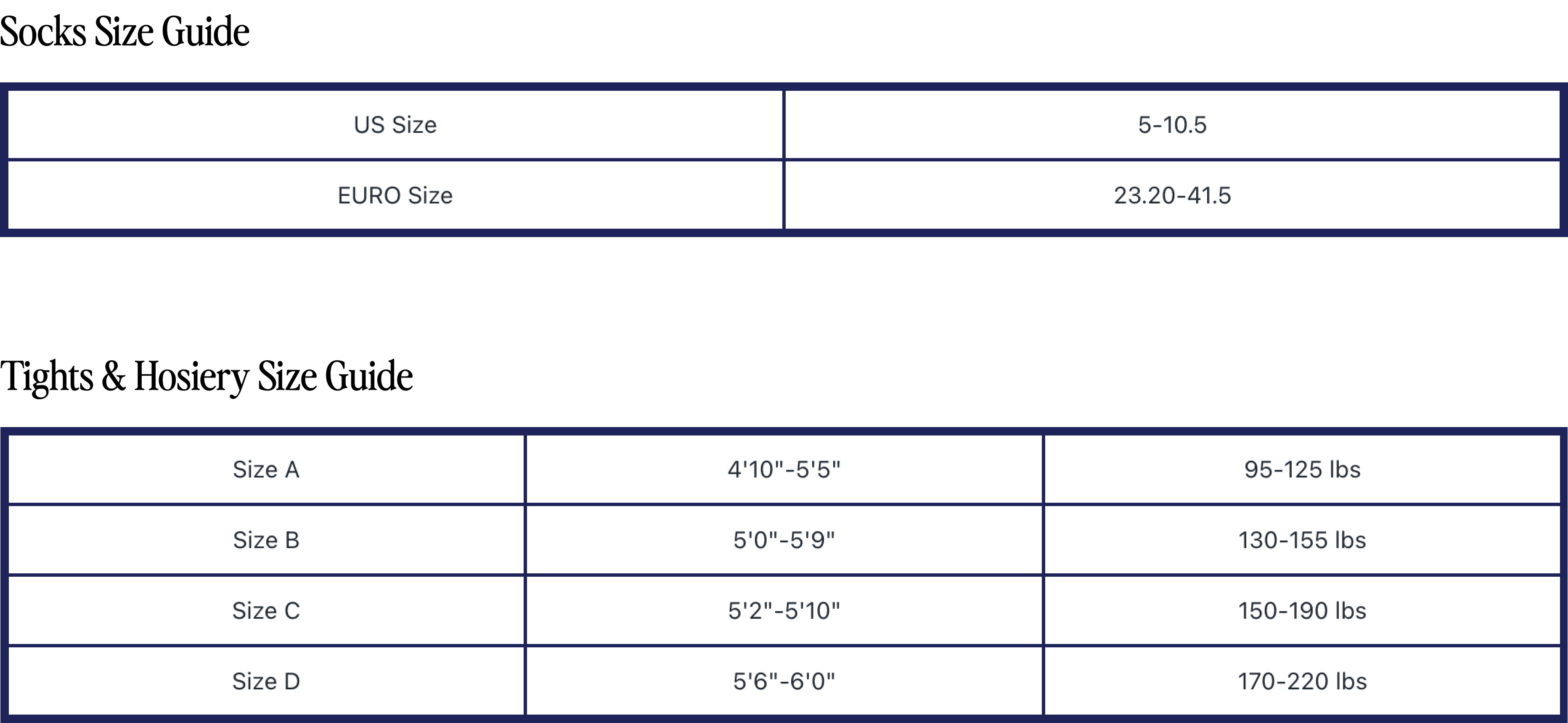 Bootights Socks, Tights and Hosiery Size Guide