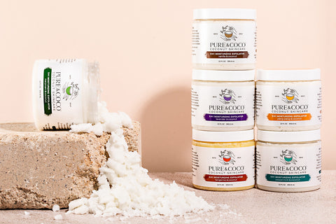 Organic, coconut skincare, 5-in-1 moisturizing exfoliators for women's dry, eczema and anti-aging skincare needs