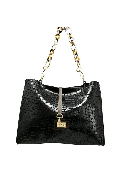 SASSY BLACK EMBOSS CHAIN STRAP SHOULDER BAG