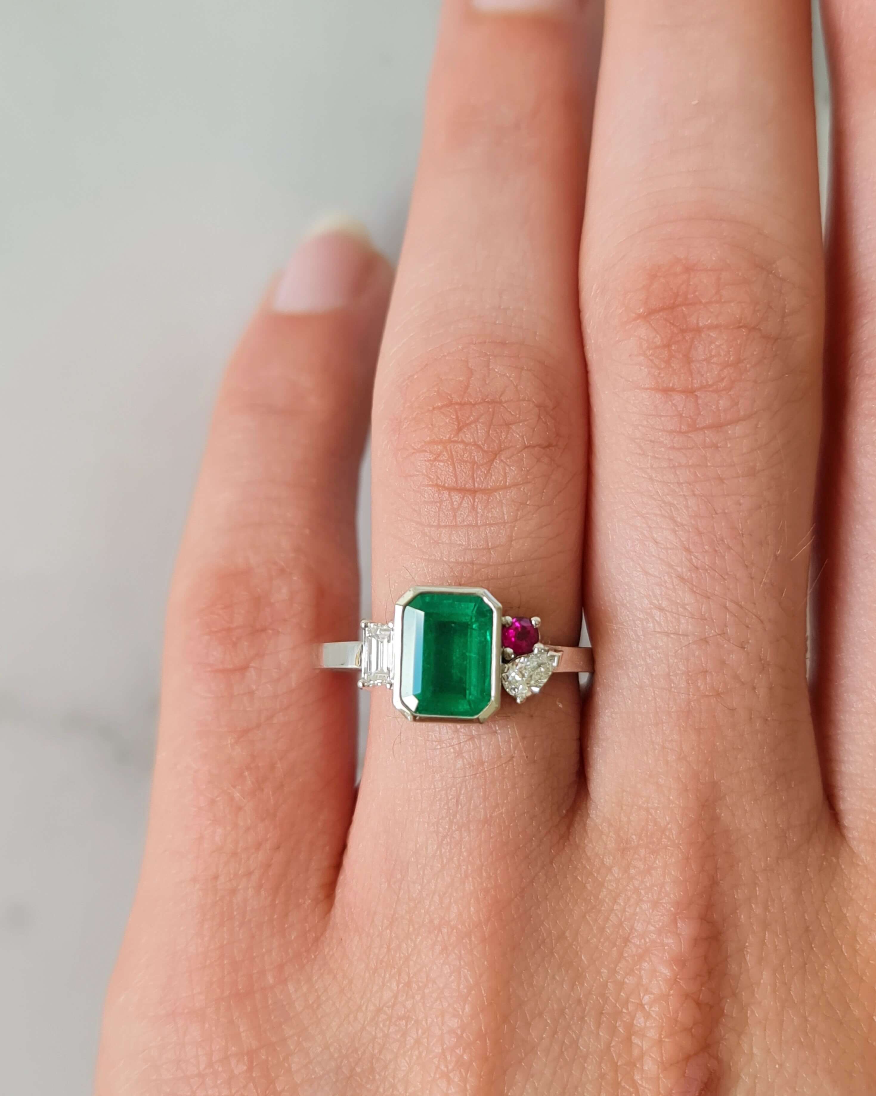Green Emerald and Red Sapphire Ring