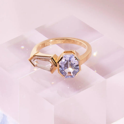 Form, one of a kind toi et moi ring by Layla Kaisi Collection featuring a hexagonal blue sapphire and kite-cut diamond
