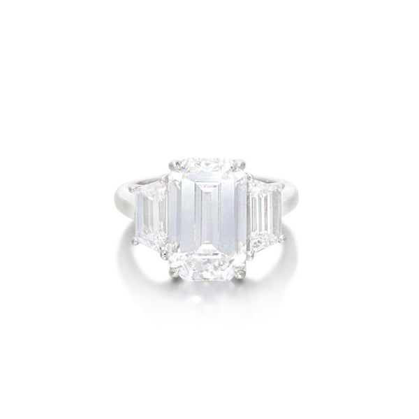 Platinum, 5.01ct Emerald Cut Diamond and Diamond Engagement Ring