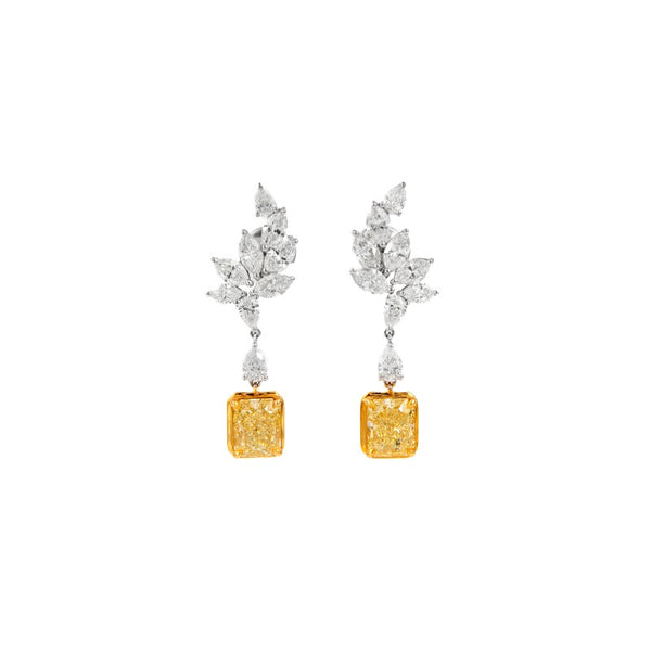 White Gold, Gold, 4.56ct Radiant Cut Fancy Yellow Diamond and Diamond Drop Earrings
