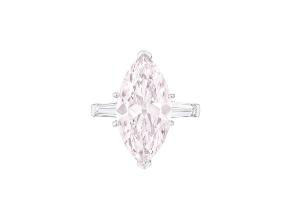 Light pink marquise brilliant-cut diamond of 7.06 carats, tapered baguette-cut diamonds, platinum, circa 1955