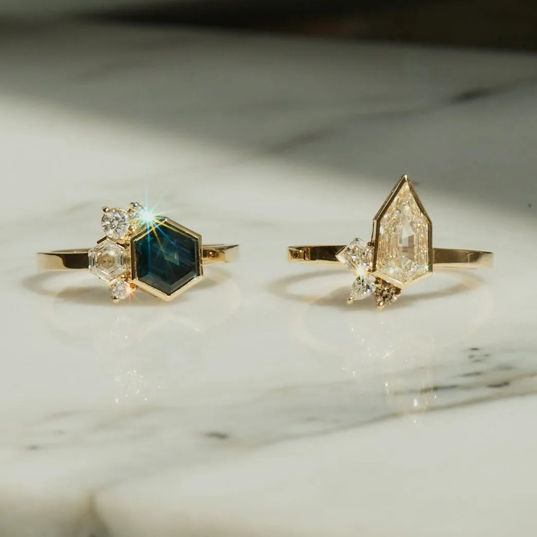 Two one-of-a-kind asymmetrical rings designed by Layla Kaisi Collection