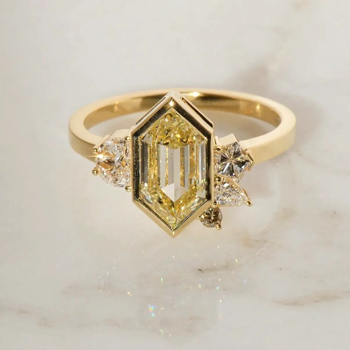 STUNNING 2.00ct elongated hexagonal cut yellow diamond engagement ring by Layla Kaisi Collection