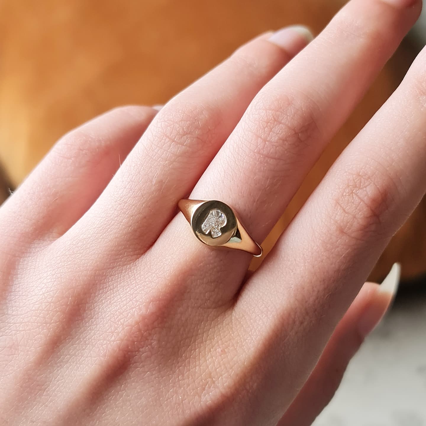 A close-up of a hand wearing a Gold Signet Ring.