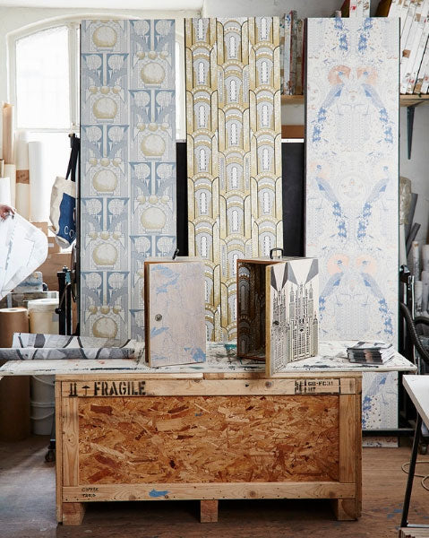 A corner of Daniel's London studio space where he designs and prints his wallpaper.