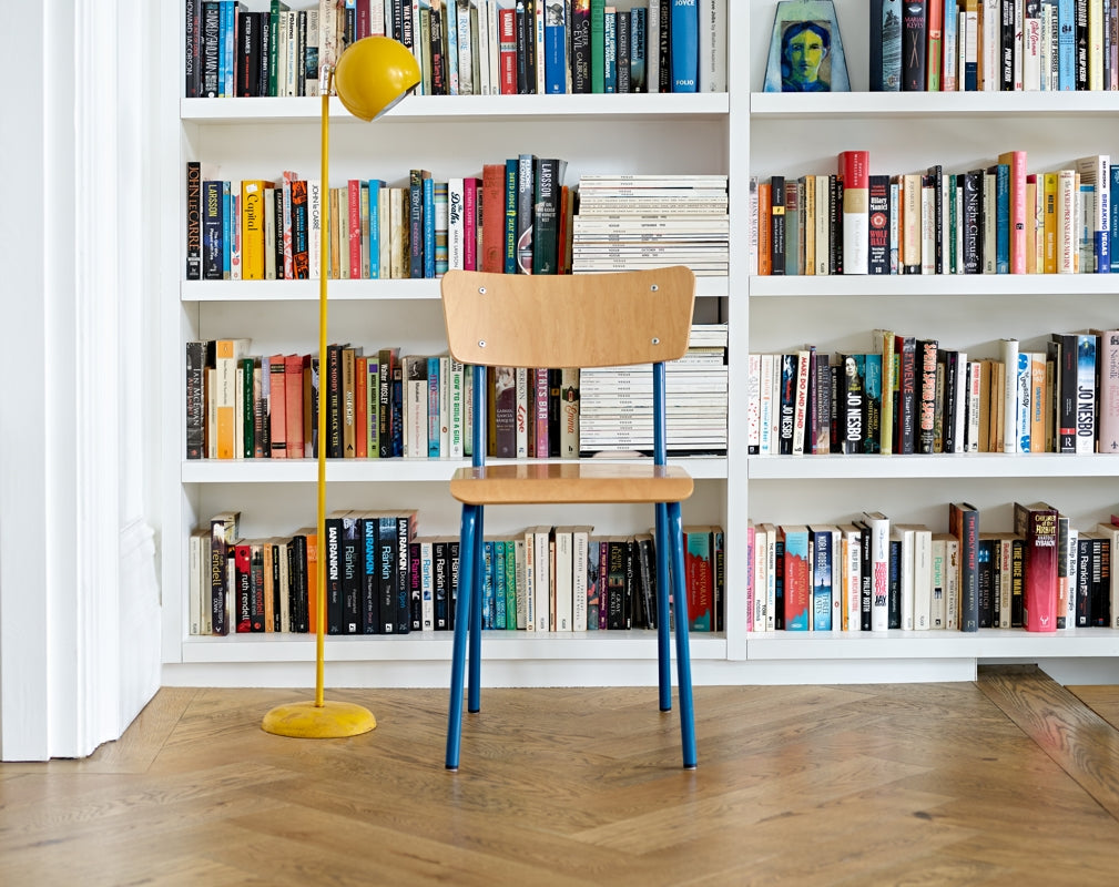 A vintage style classic school chair in natural Beech and blue by Scott & Taylor