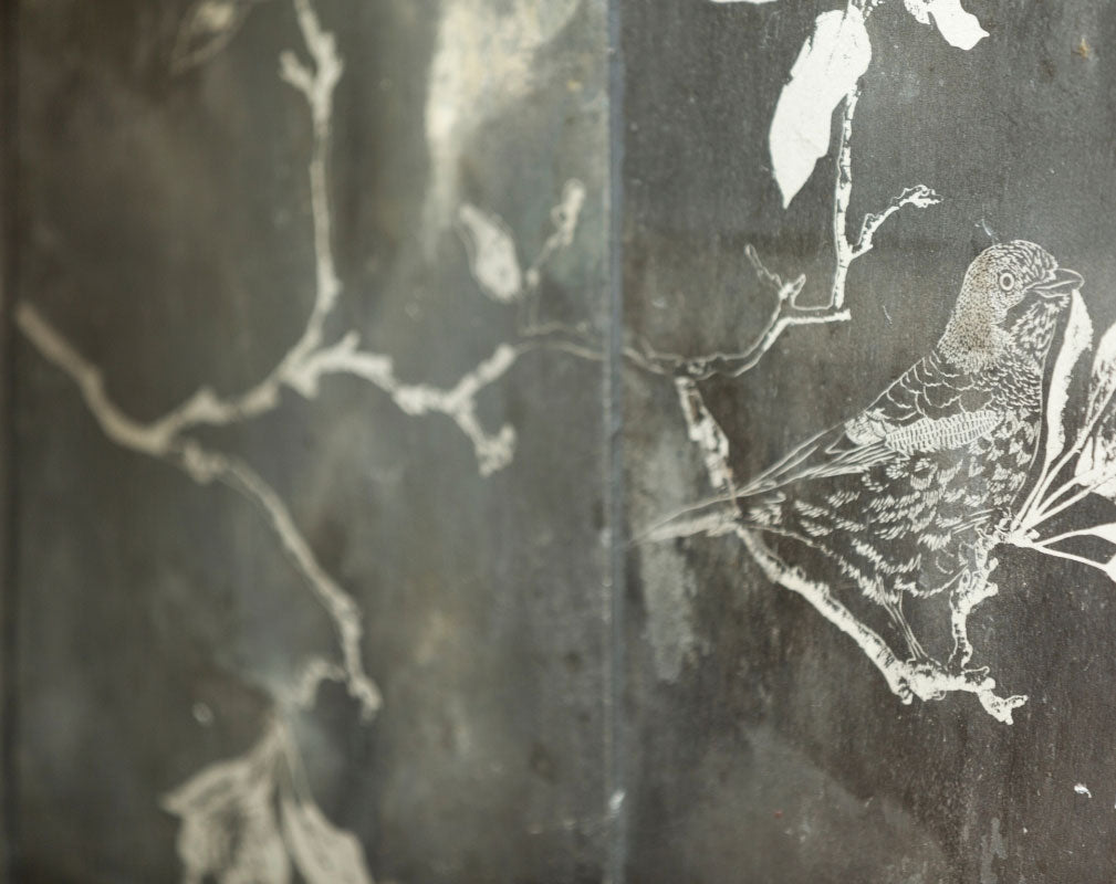 A close-up of Daniel Heath's Espalier Etched Slate Tiles made from reclaimed Welsh slate