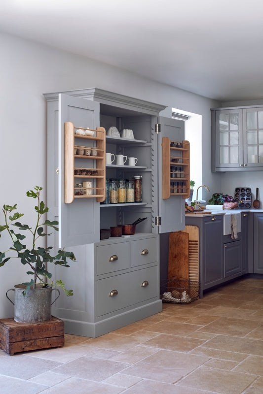 Home Barn's handmade bespoke shaker kitchen larder cupboard completes a modern rustic kitchen scheme