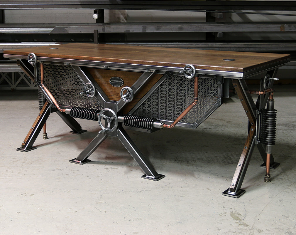 industrial steel and oak desk in steampunk style by steel vintage