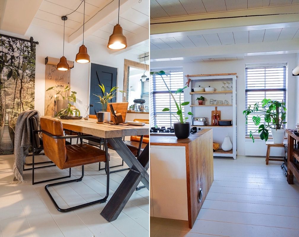 Jellina Detmar's industrial style farmhouse. Open plan kitchen diner provides a communal space for all the family.