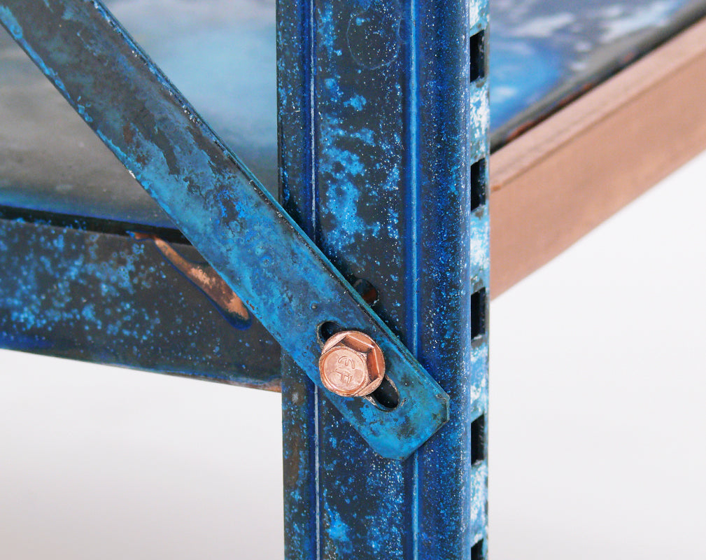 detail of shelves with patinated copper finish from lex pott