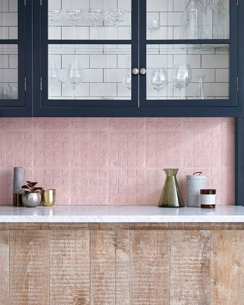 Lindsey Lang's pink 3D Cement Tiles in a rustic kitchen 
