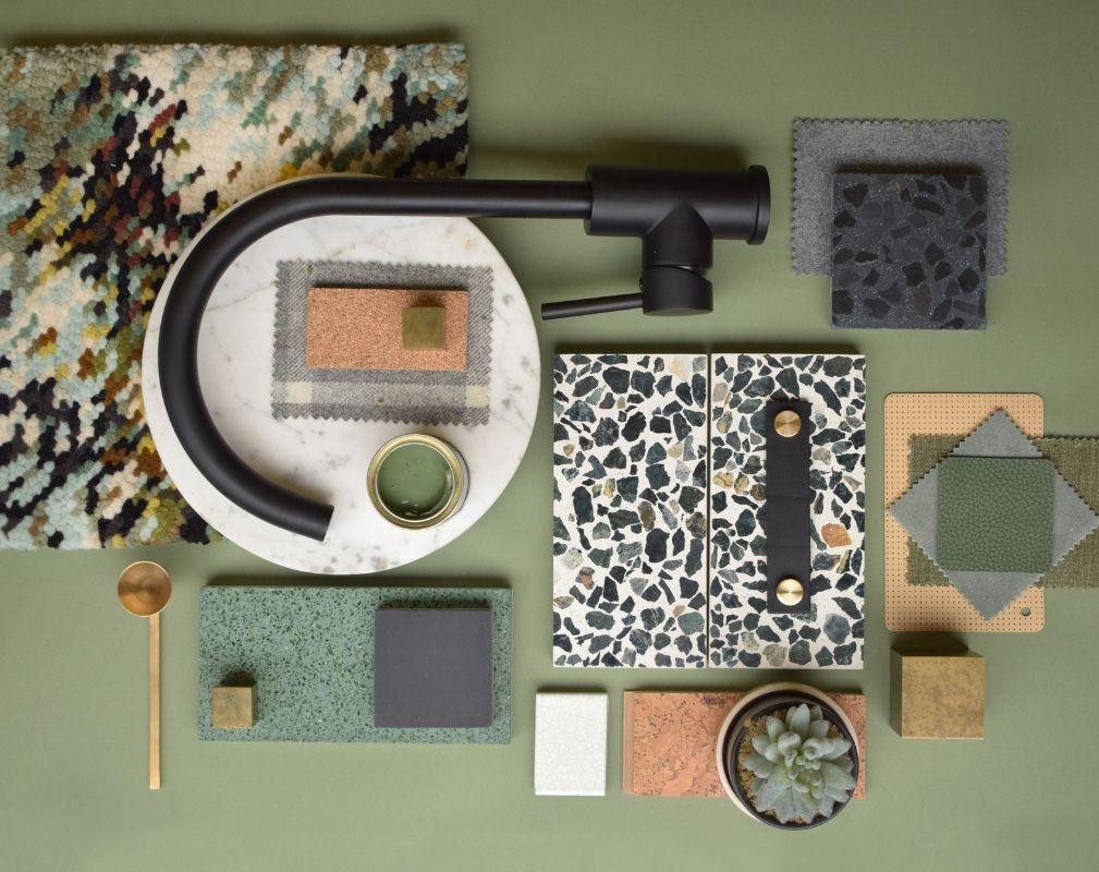 Green kitchen moodboard ctreated by designer Lindsey Lang
