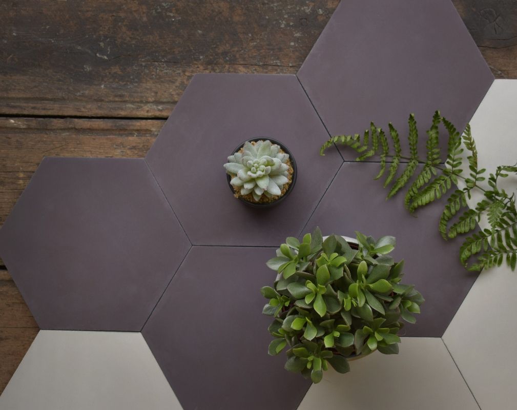 Hexagon encaustic cement floor tiles designed by Lindsey Lang