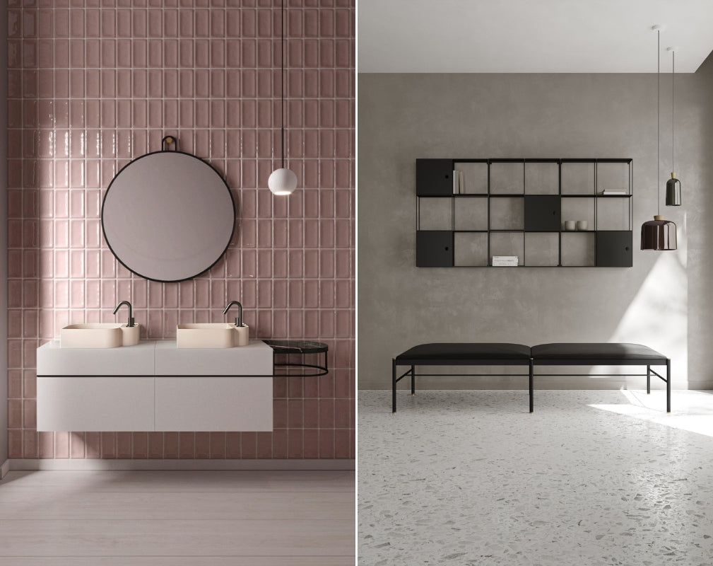 ex.t bathrooms the Nouveau collection washbasin with mirror above hung on a wall of pink gloss tiles.
