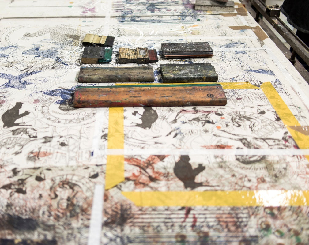 Screen printing equipment laid out on the table in designer Daniel Heath's London Studio