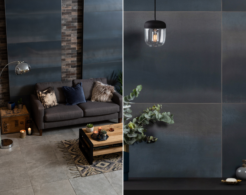 Industrial style living room featuring 2019 Tile of the Year Midnight Blue from Original Style