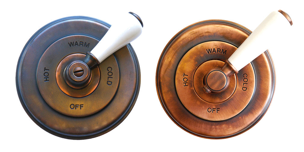 The Classic London concealed shower valve in French copper and weathered copper from Chadder & Co.