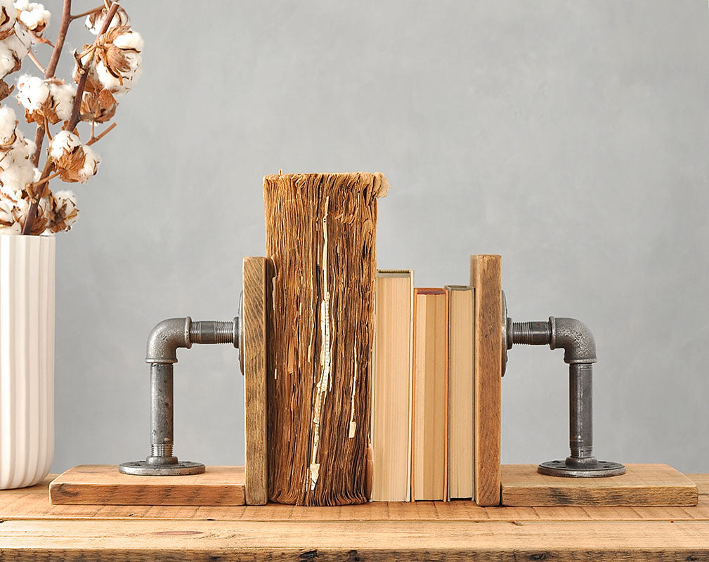 Pair of industrial wood and steel bookends from MoA Design.