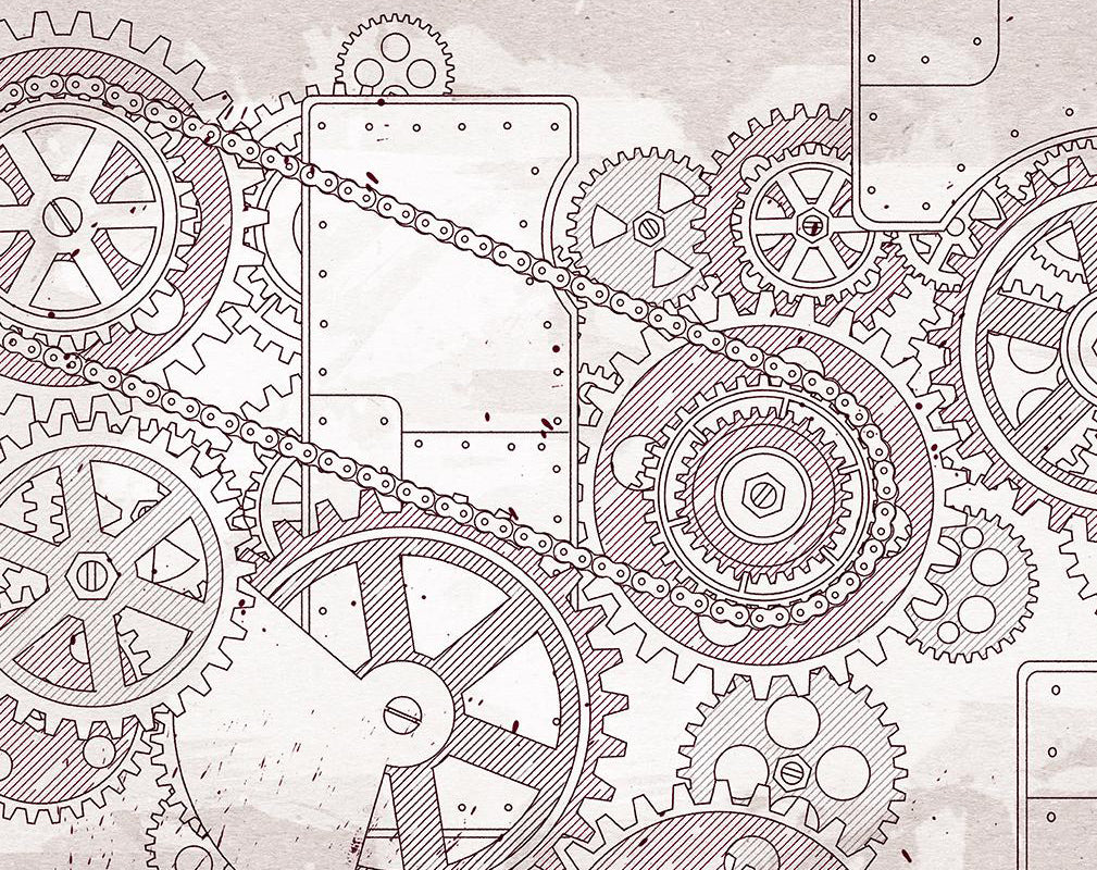 steampunk stenciled wall covering in red featuring cogs and machinery parts.