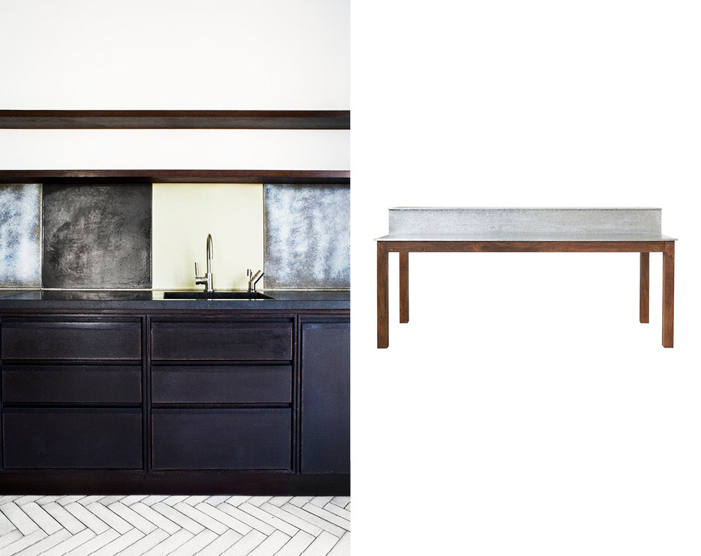 Lava stone tiled kitchen and zinc topped workstation.